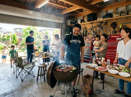ガレージでBBQを楽しむ様子