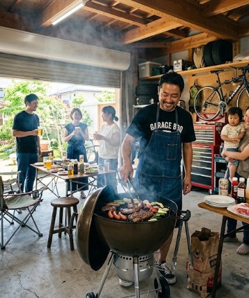 ガレージでBBQを楽しむ様子