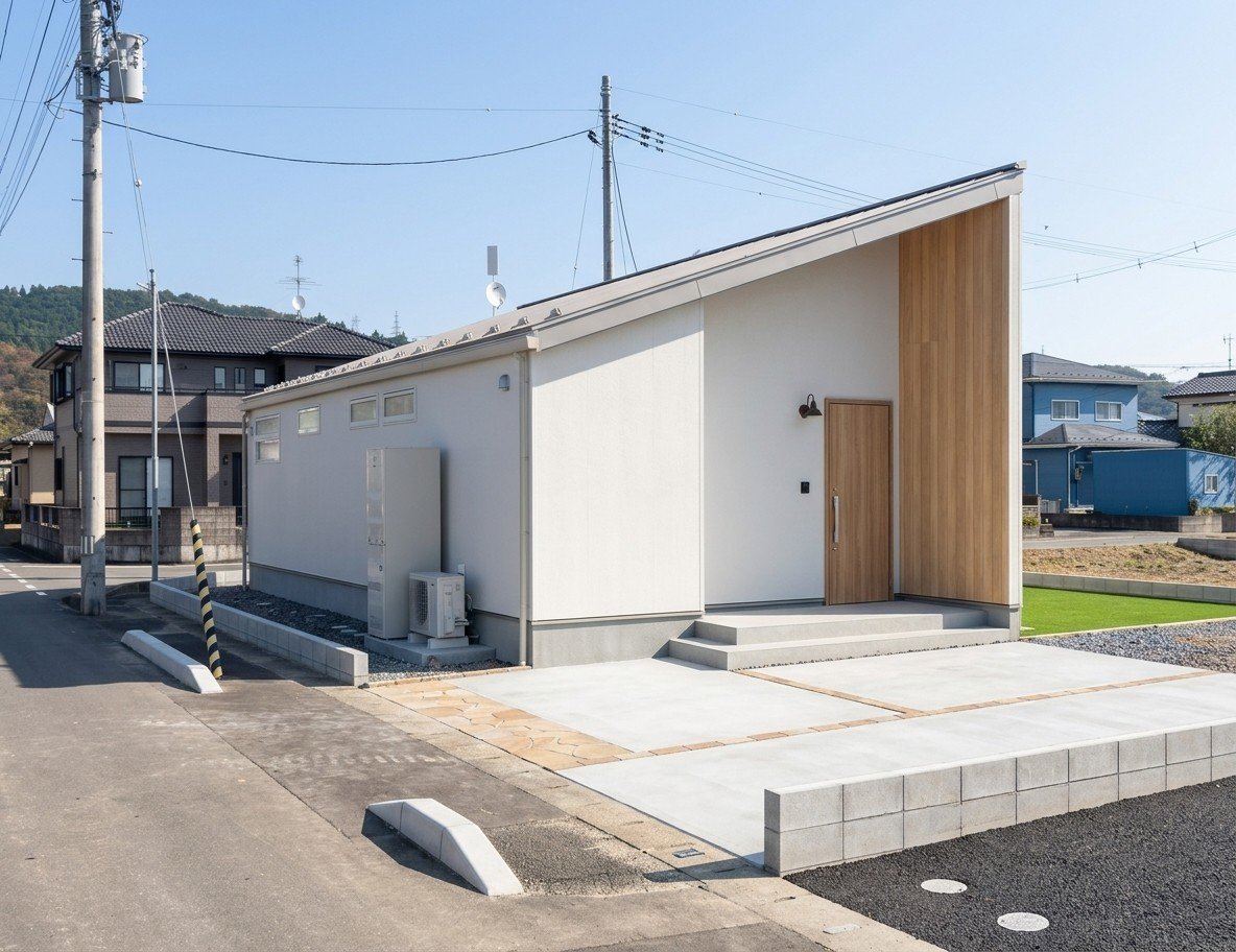 昼の外観。片流れ屋根の大きな三角形と、白い外壁